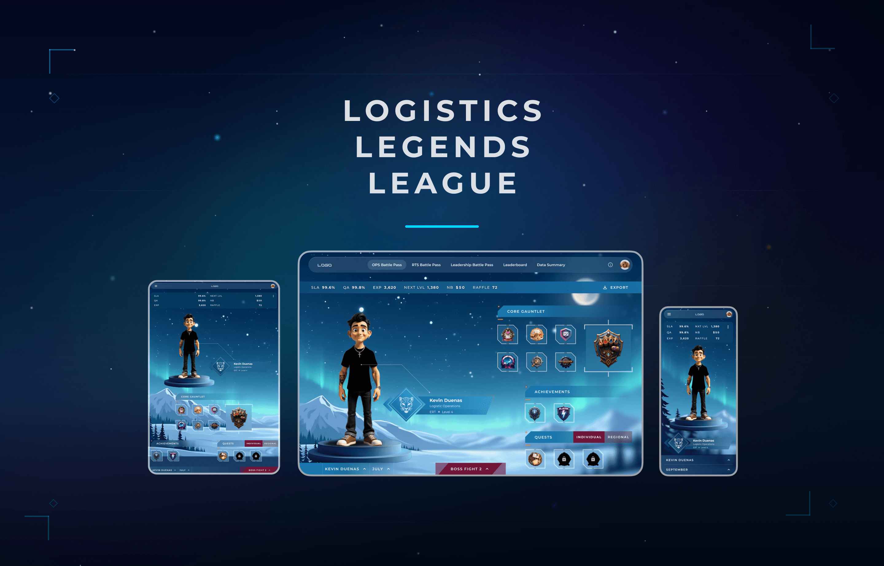 Logistics Legends League gamified dashboard showing leaderboards and XP tracking